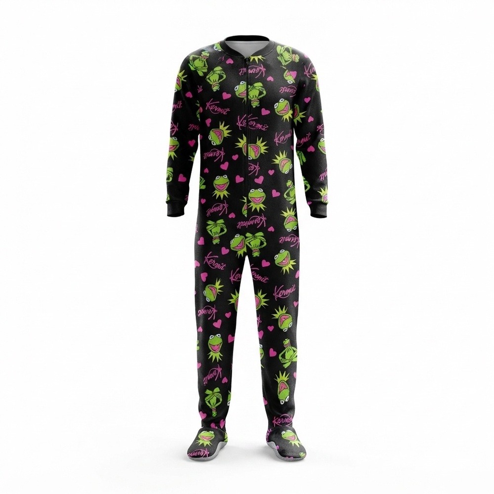 Disney Muppets Kermit The Frog Fleece Footed Pajamas Union Suit Onesie Medium
